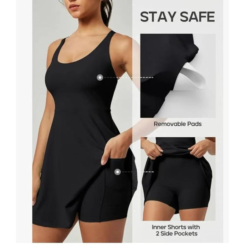 NEW Heathyoga Black Tennis Dress Size M NWT Inner Short Pockets Adjustable Strap